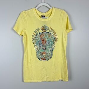 Harley-Davidson Yellow Shirt Womens Medium Skull Boneyard Short Sleeve Top Biker